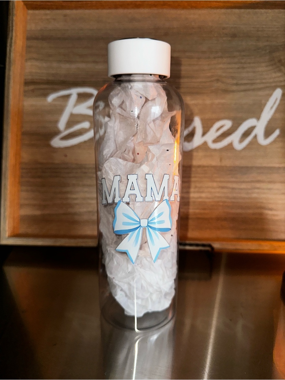 Mama reusable water bottle — White Cap with Blue Bow